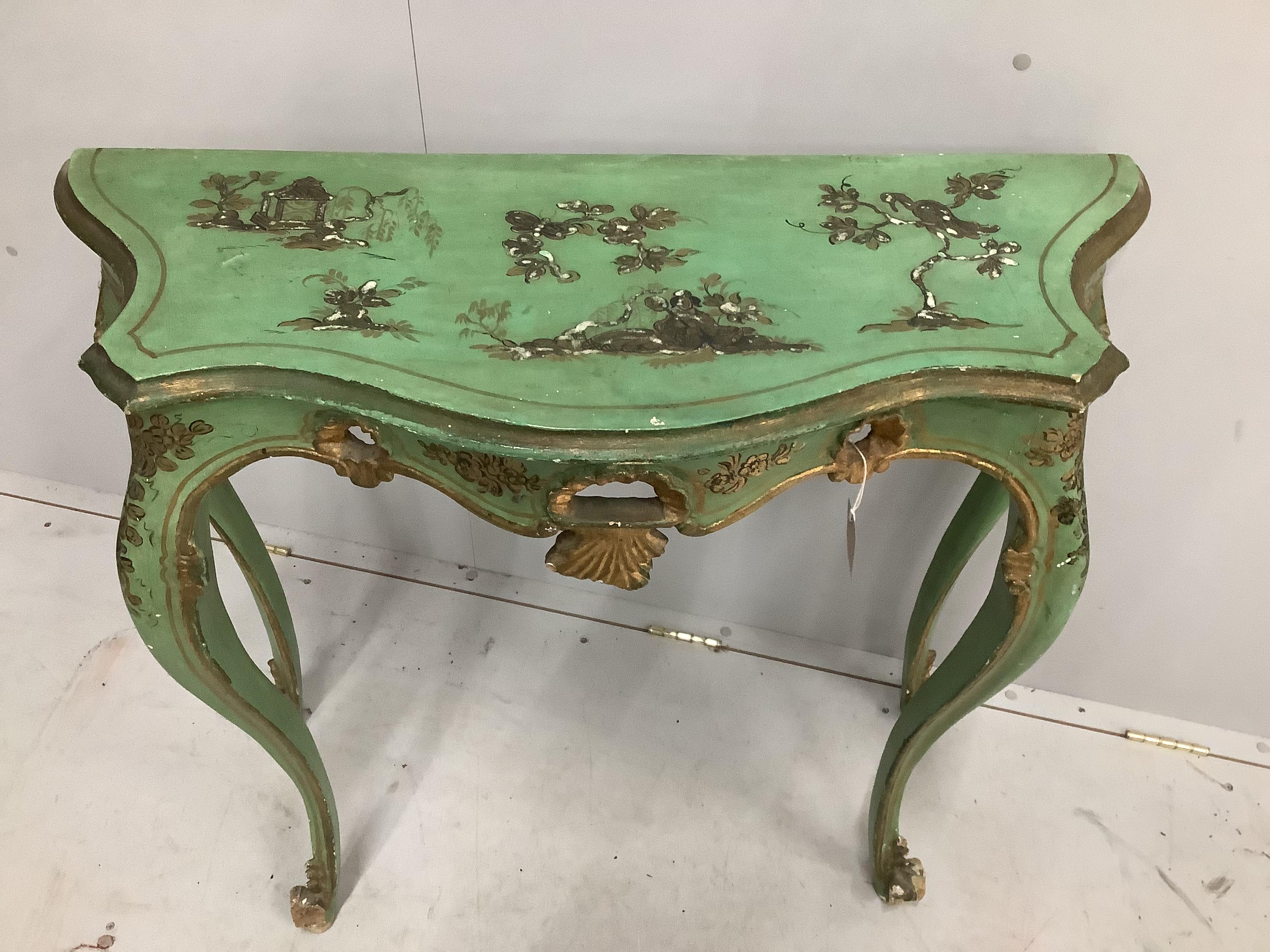 An early 20th century chinoiserie lacquer and green painted serpentine console table, width 93cm, depth 36cm, height 86cm
